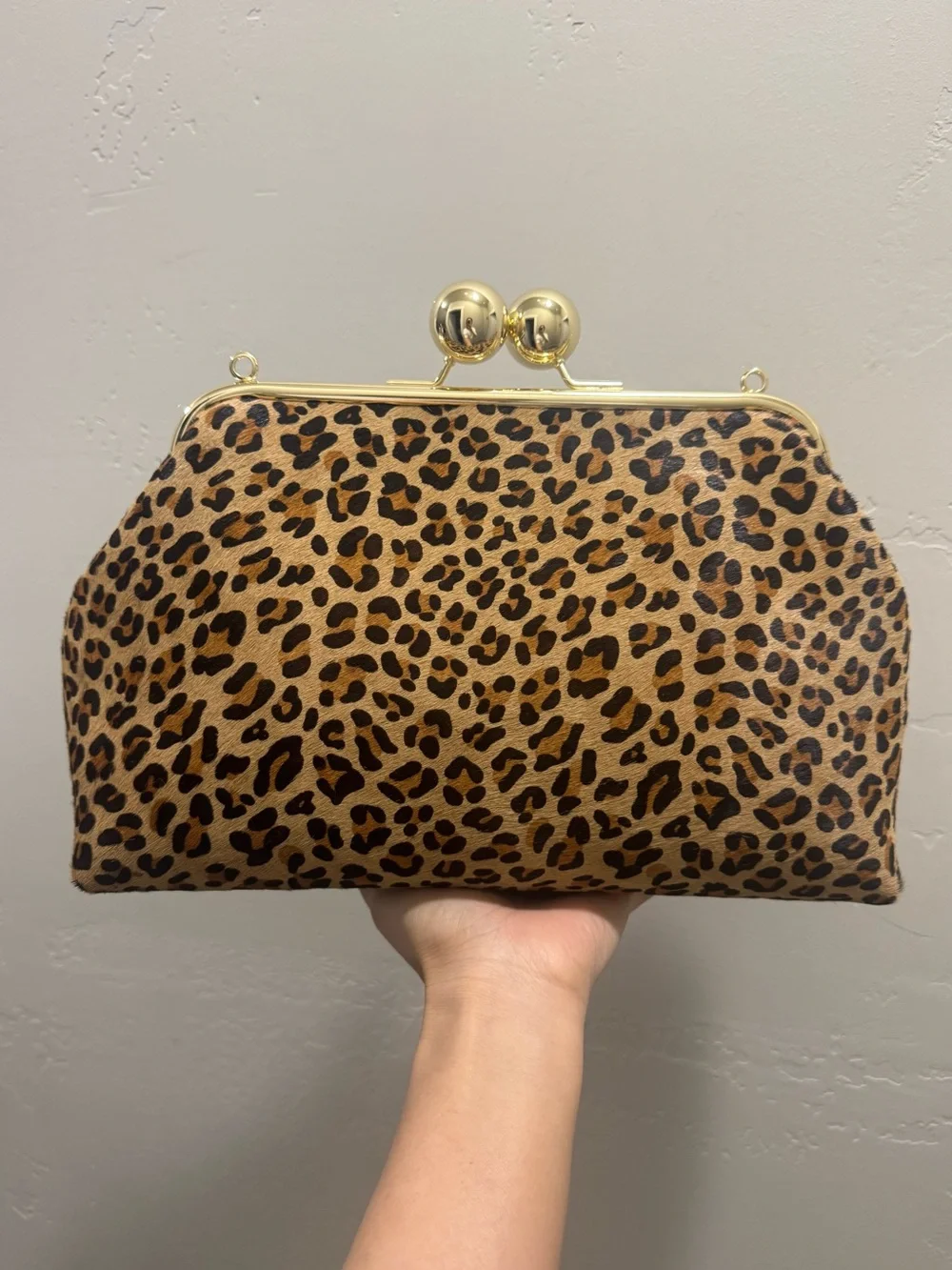 Leopard Print Hair-on Cowhide Handmade Custom Kisslock Frame Bag, & 2 Straps